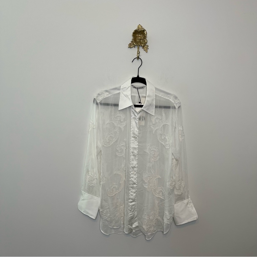 Zara Limited Edition Beaded Embroidered Button Down Top S